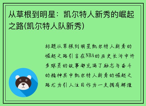 从草根到明星：凯尔特人新秀的崛起之路(凯尔特人队新秀)