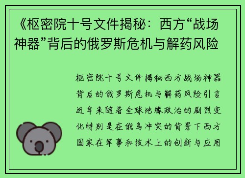 《枢密院十号文件揭秘：西方“战场神器”背后的俄罗斯危机与解药风险》