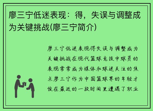 廖三宁低迷表现：得，失误与调整成为关键挑战(廖三宁简介)